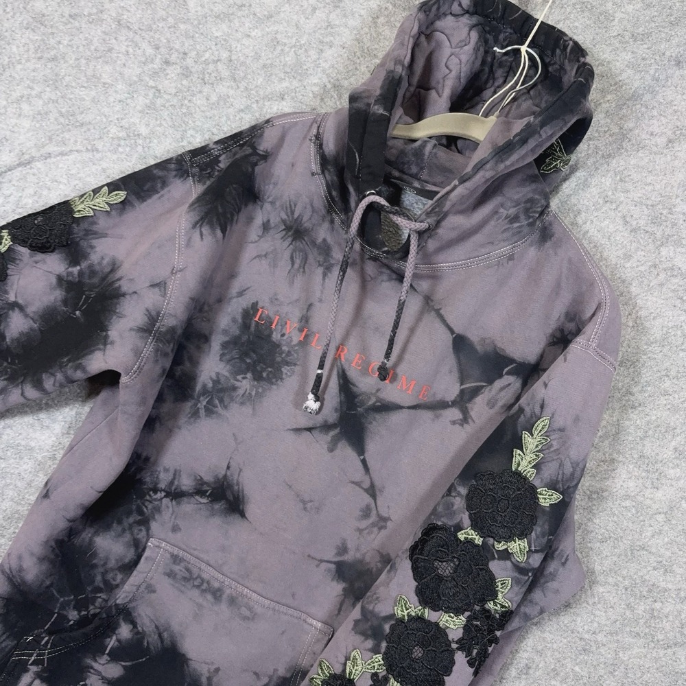 Civil Regime Hoodie Womens Sz M Gray Tie Dye Embroidered Roses Pocket